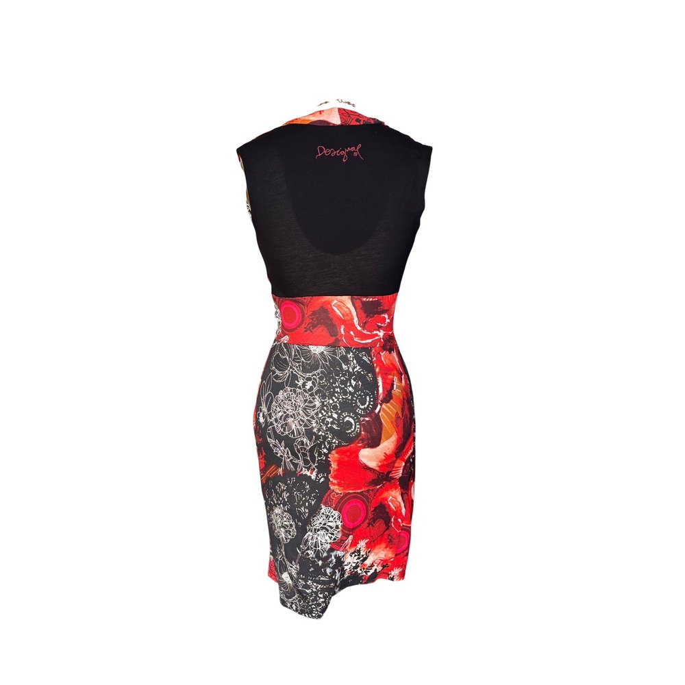 Abstract Floral Desigual Sheath Dress Twist Front Cowl Neck Size S/M Red Black - Picture 4 of 8